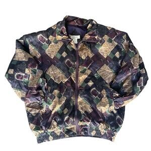 Vintage Bomber Jacket Bogari 100% Silk  Women’s L Patchwork Print  Y2K Retro